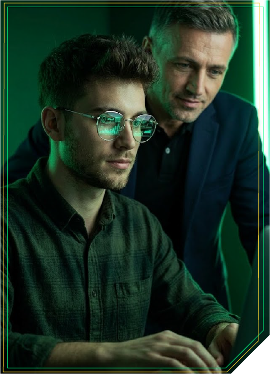 Aluno e Professor de frente para o computador analisando uma planilha de Excel